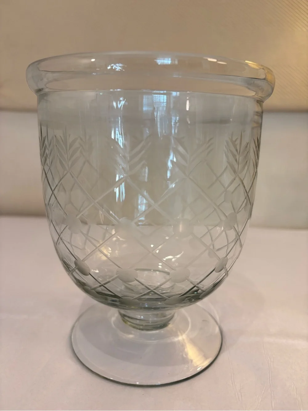 Etched Clear Glass Pedestal 6” Tall Hurricane / Vase